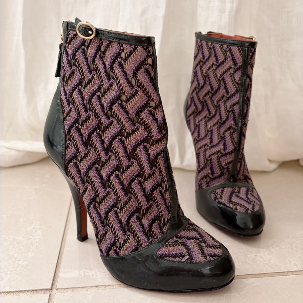 Missoni Purple Patterned Heeled Ankle Boots with Black Patent Trim